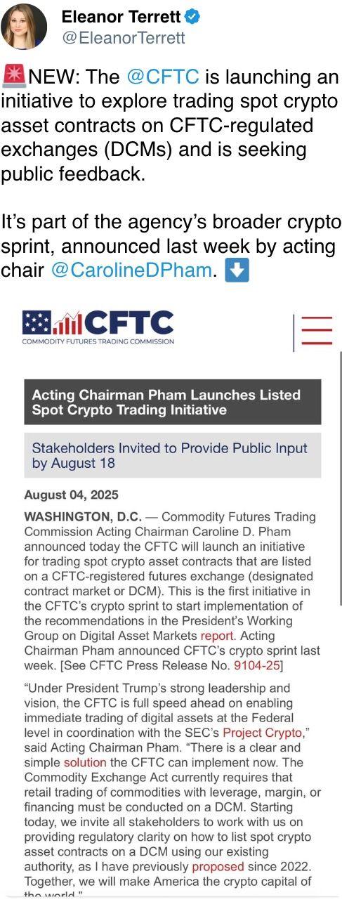 CFTC is launching an initiative to explore trading spot crypto asset contracts on CFTC-regulated exchanges (DCMs) and is seeking public feedback. CFTC is launching an initiative to explore trading spot crypto asset contracts on CFTC-regulated exchanges (DCMs) and is seeking public feedback.