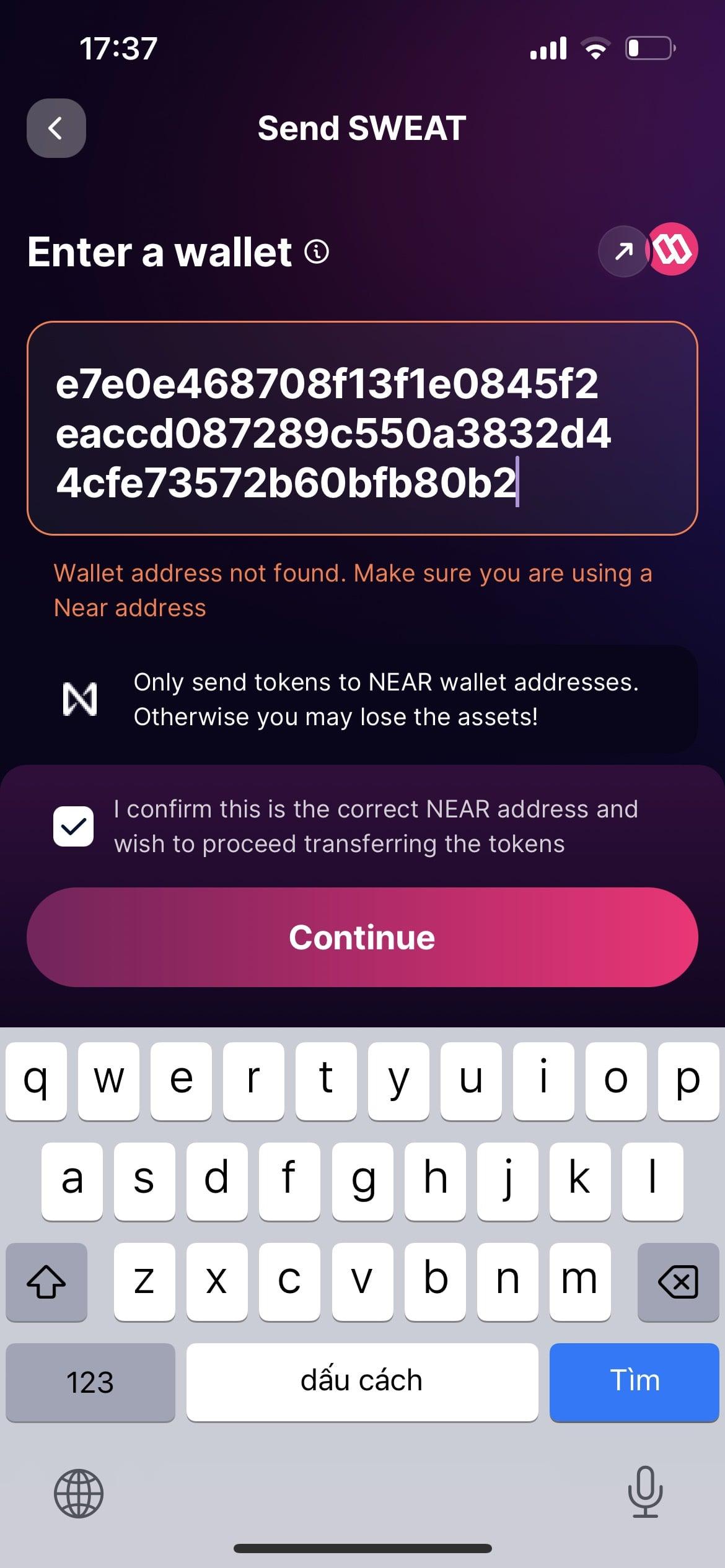 Confirm token receiving address