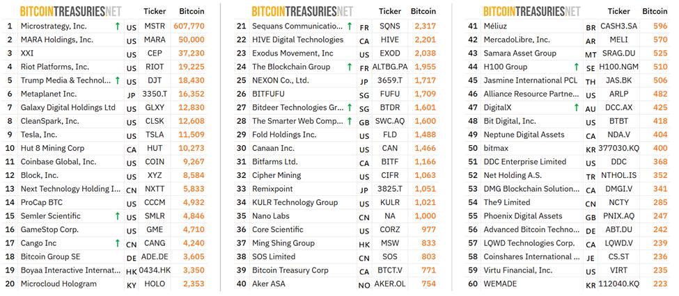 Top public companies holding BTC