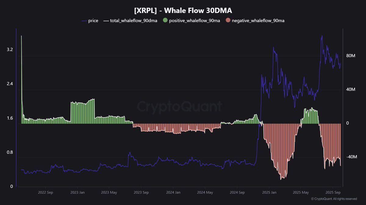 Biểu đồ CryptoQuant: dòng chảy ra hơn 50 triệu USD mỗi ngày từ cá voi XRP từ đầu năm 2024